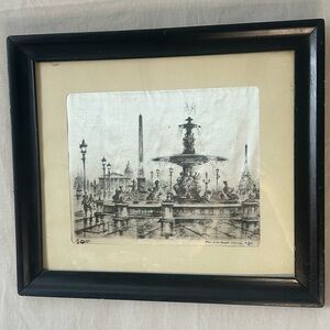 Vintage Paris Silk Art Print Place de la Concorde Eiffel Tower Framed